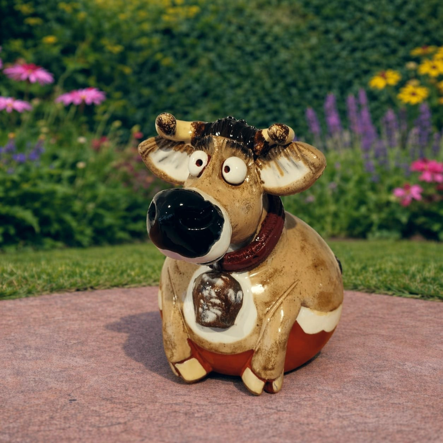 Ceramic garden figurine cow brown handmade