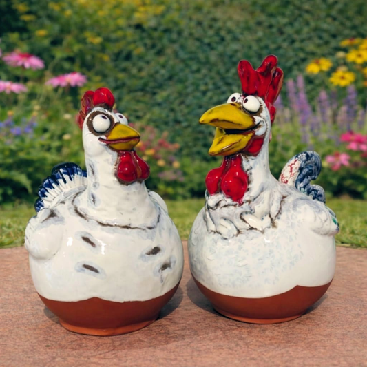 Ceramic garden figurine Rooster & Hen handmade